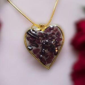 Garnet Heart Pendant Necklace with Crystal Chips